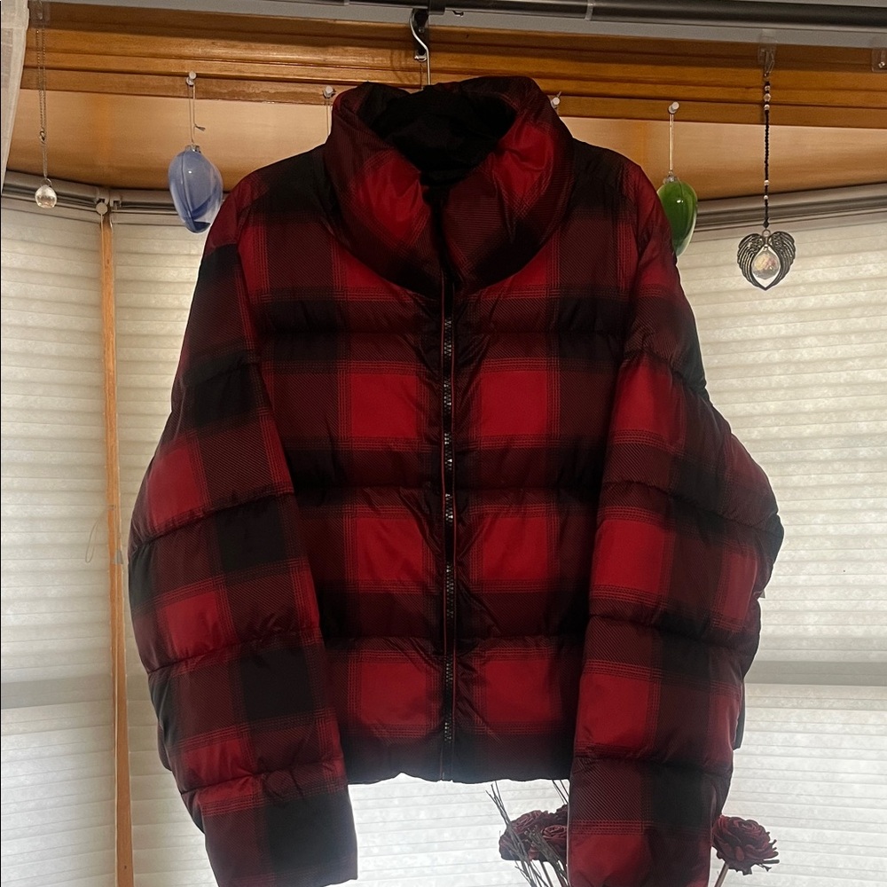Old Navy Red and Black Plaid Puffer Jacket